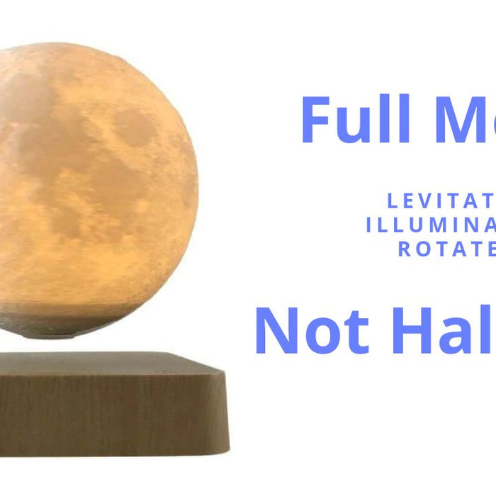 image of a levitating moon lamp. shows a 3d model of the moon levitating above a wooden block. 