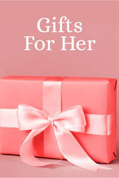 image of a gift wrapped in a pink box with a pink bow and the words gifts for her written above it