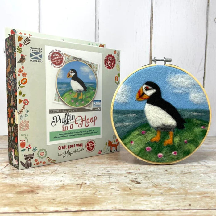 The Crafty Kit Co Puffin In A Hoop Needle Felting Kit