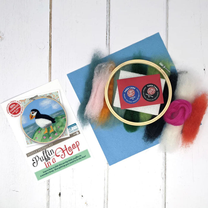 The Crafty Kit Co Puffin In A Hoop Needle Felting Kit