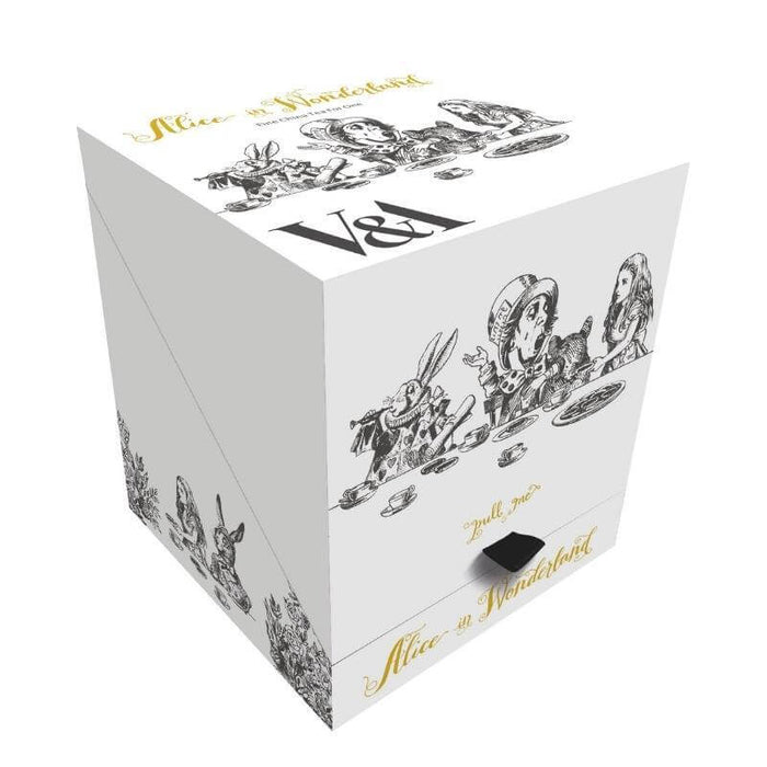 image of a gift or presentation box which contains an alice in wonderland tepot and teacup set for one. the box is white with charcoal illustrations of alice in wonderland characters on. the branding is V&A.