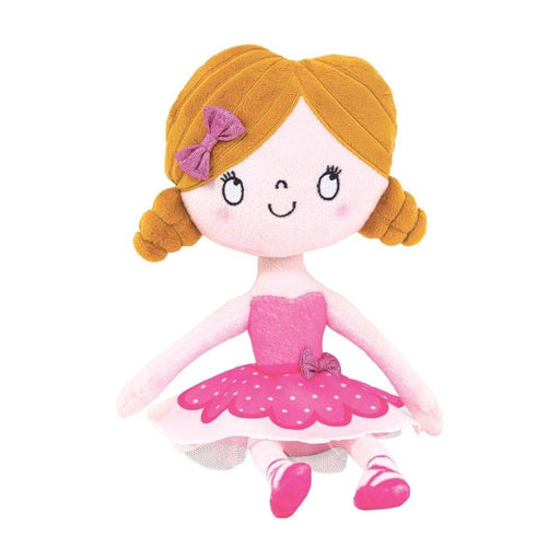 a friendly girl ballerina plush toy in pink and white ballet dress and shows and with a pink bow in her orange hair.
