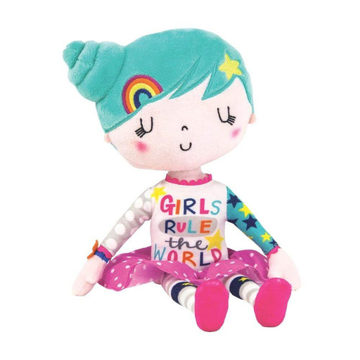 a large plush cool girl soft toy with green hair with rainbow and star slides in, a pink with white spots skirt and a cool  shirt with the words ' girls rule the world' on it