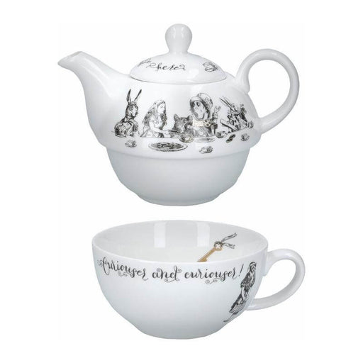 image of a two piece teapot and tea cup set. the set is white will charcoal coloured illustrations of alice in wonderland chanracters having a tea party on the teapot. the words curiouser and curiouser are written on the tea cup.