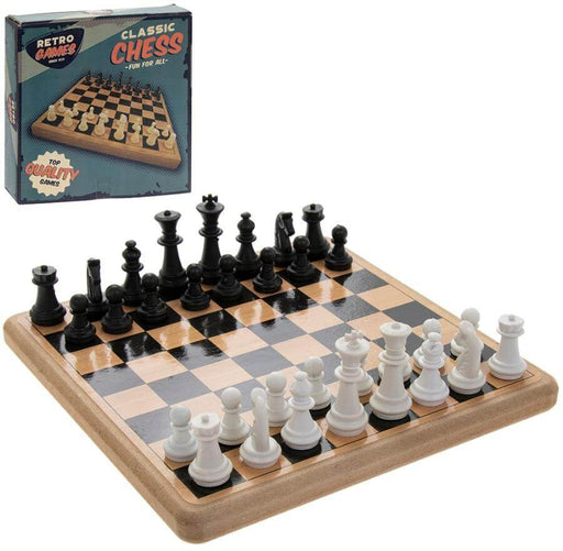 image of a classic light brown and black wooden style chess board with black and white chess pieces in a retro style box.