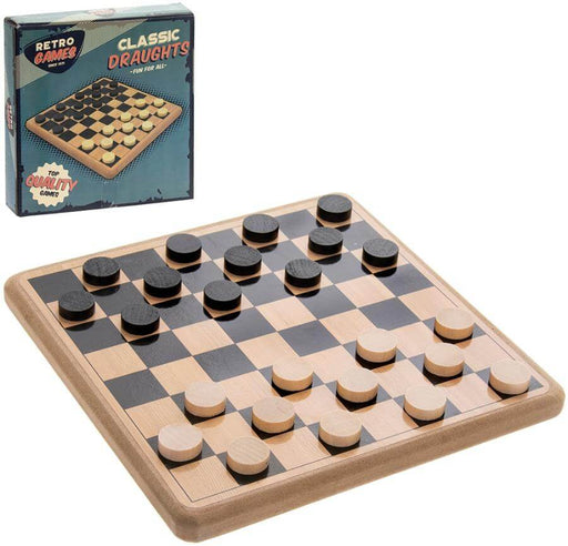image of a classic light brown and black wooden style draughts board with black and white draughts pieces in a retro style box.