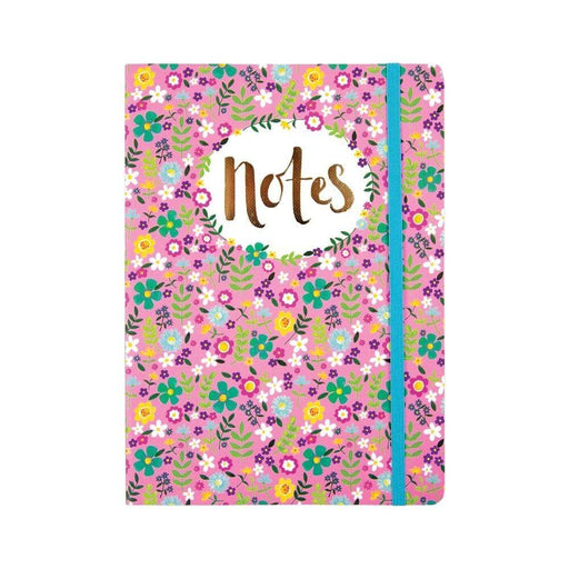 Image of a notebook with pretty oink floral design and blue elasticated  band used to close the book.