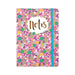 Image of a notebook with pretty oink floral design and blue elasticated  band used to close the book.