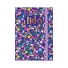 Image of a navy blue notebook with pretty floral pattern and lilac elasticated band to close the book.