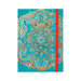 Image of a teal coloured notebook gold mandala design and red elasticated  band used to close the book.
