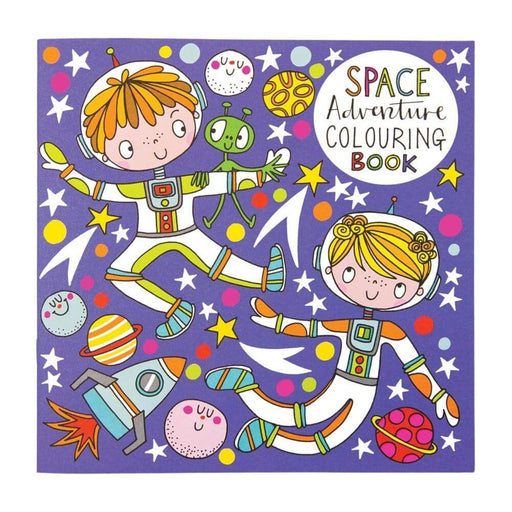 Image of a mid blue, almost purple colouring book with a boy and a girl astronaut on and various cartoon space items including rockets, planets, stars and an alien. The cover has the words space adventure colouring book written on it.
