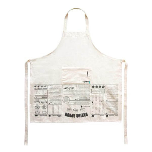 image of a classic cream baking apron with neck loop, printed on the apron is baking recipes and tips. The writing is printed upside down so you can lift it up and read it easily. 