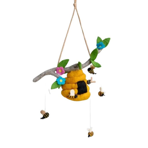yellow beehive and black and yellow honey bees felt cot mobile hanging from a felt branch make this babys mobile an endearing scene