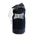 image of a large black laundry bag shaped to look like and doubles as a boxing punch bag with white hanging handle and white text spelling the word 'laundry' in a familiar boxing style font
