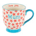 image shows a mug in blue and cream with light red stars, featuring the word 'Mum' written on the outside and 'love you' written on the inside.