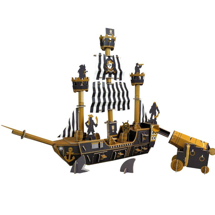 This Build Your Own Pirate Ship is easy to assemble using slot together techniques – there’s no glue, no mess, no fuss. Everything you need is provided in the kit – simply follow the instructions: press out the pre-cut cardboard parts, build and you’re ready to fire your cannonballs! 60-minute build time. Skill level rating: 3.5 stars out of 5. 110 press-out parts (plus 4 x elastic bands + spares).  2 different pirate flag designs. Designed in the UK. Suitable for children aged 8 years+. 