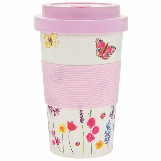 image of a travel mug with cream background, pink heat resistant band and lid and featuring butterflies and wild flowers as part of the design