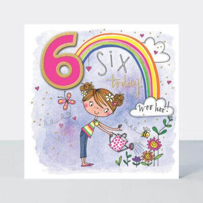 Happy 6th Birthday Card with Girl Watering Plants Design