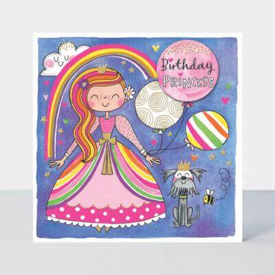 Happy Birthday Card with Birthday Princess Rainbow & Balloons Design