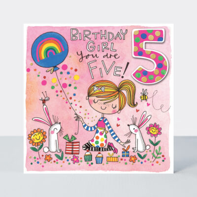 Happy 5th Birthday Card with Rabbits and Balloon Design