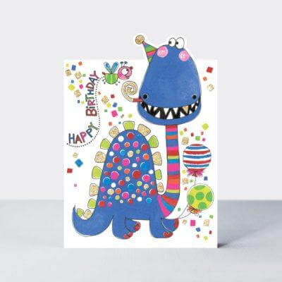 Happy Birthday Card with Blue Dinosaur Design