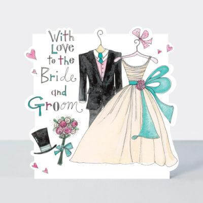 Wedding Card with Bride and Groom in Wedding Outfits Design