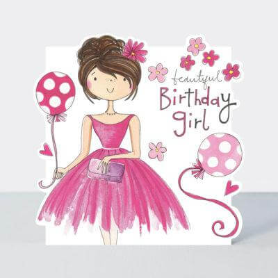 Happy Birthday Card with Girl Brunette Design