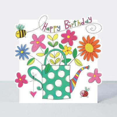 Happy Birthday Card with Flowers in Watering Can Design