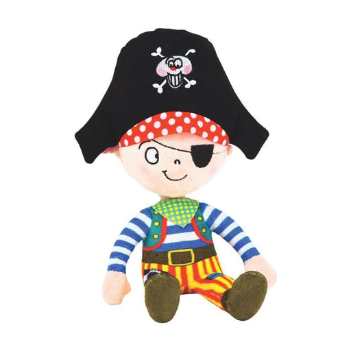 shown is a friendly pirate plush toy. the pirate is intraditional clothes ewith a friendly skull and cross bonmes pirate hat, blue and white striped shirt, orange and yellow stripped trousers, classic green pirate waistcoat and green and yellow spotted neckerchief.