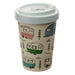 image of a travel mug with cream background and featuring colourful illustrations of caravans with a light grey/blue lid.