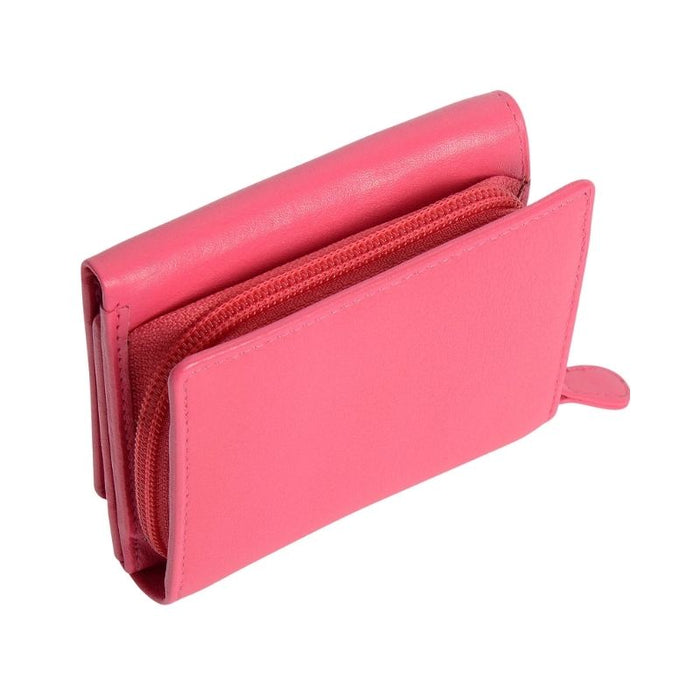 Fuchsia Saddler Carla Purse, compact trifold leather purse shown from the top and front side with zip to the right and revealing a zipped compartment in the middle of the purse..