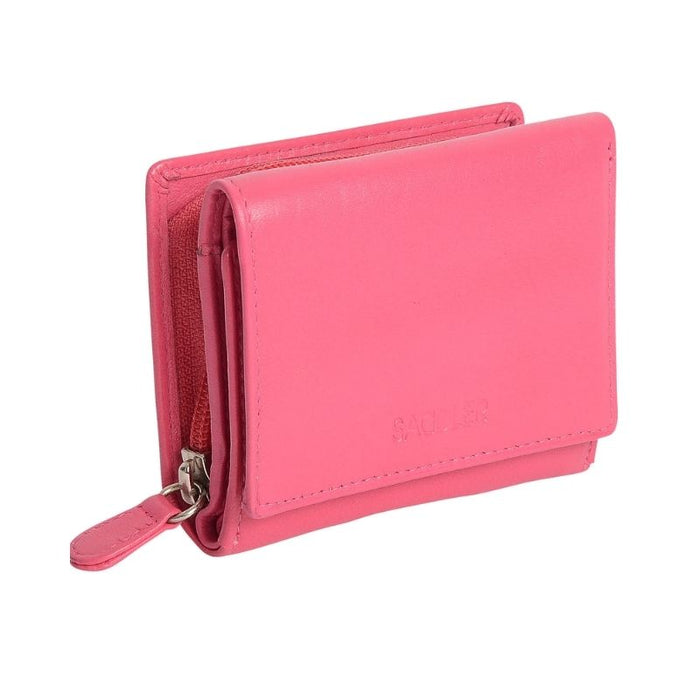 Fuchsia Saddler Carla Purse, compact trifold leather purse shown from an angle on the front side with zip to the left.