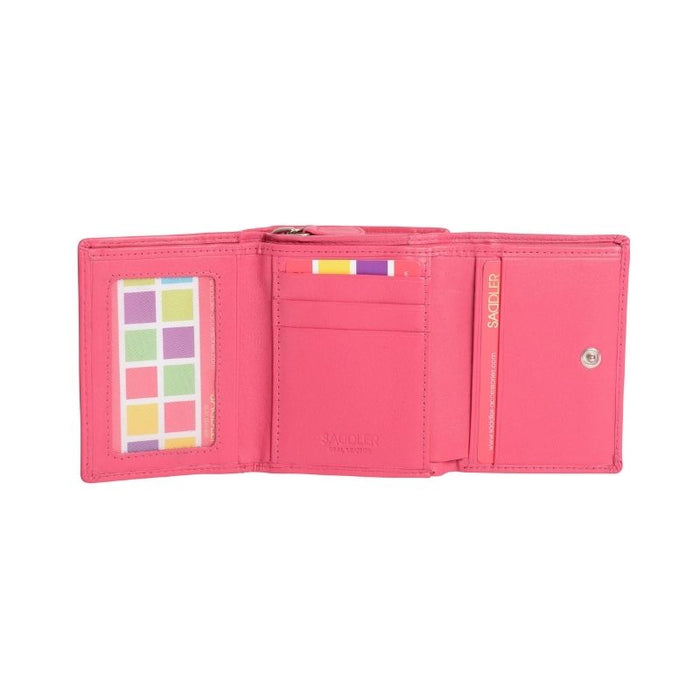 Fuchsia Saddler Carla purse, compact trifold leather purse in pink  shown open revealing credit card slots.