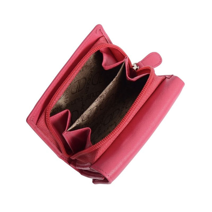 Fuchsia Saddler Carla Purse, compact trifold leather purse shown from the top down with zip open revealing coin compartment.