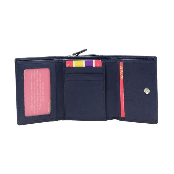 Navy blue Saddler Carla purse, compact trifold leather purse in pink  shown open revealing credit card slots.