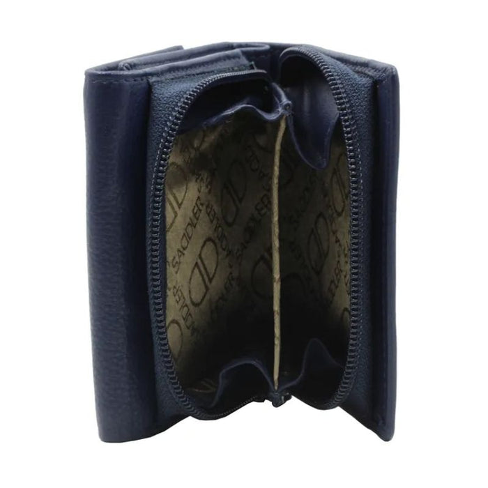 Navy Blue Saddler Carla Purse, compact trifold leather purse shown from the side with zip open revealing coin compartment.