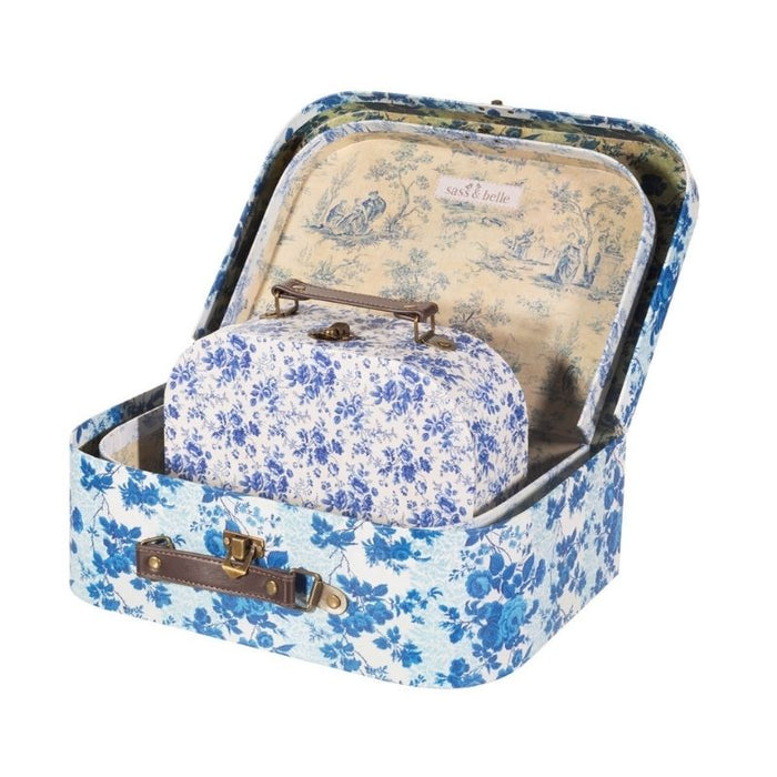 Celeste Blue and White Floral Suitcase Trio