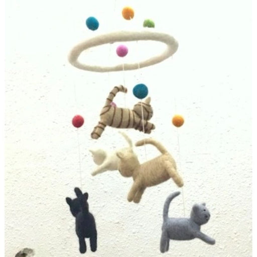 This delightful felt Chasing Cats Mobile by The Winding Road is a beautiful addition to your Nursery. Featuring5 different colour felt cats hang from a round topped felt cot mobile also featuring 7 different coloured balls for the cats to chase. a cat themed baby mobile 