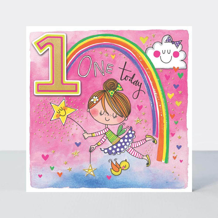 Happy 1st Birthday Card with Fairy & Rainbow Design
