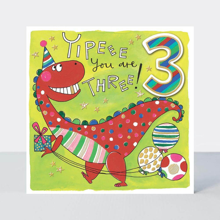 Happy 3rd Birthday Card with Dinosaur with Balloons Design