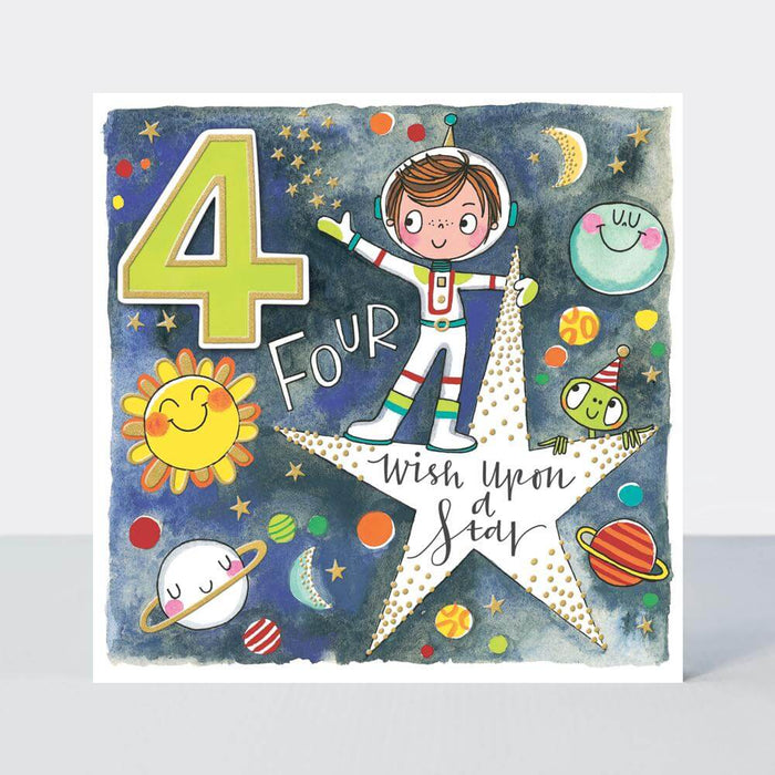 Happy 4th Birthday Card with Boy Astronaut on Star Design