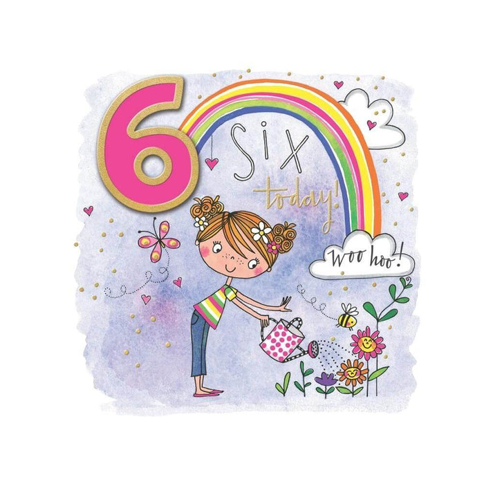  a Happy 6th Birthday Card with Girl Watering Plants Design