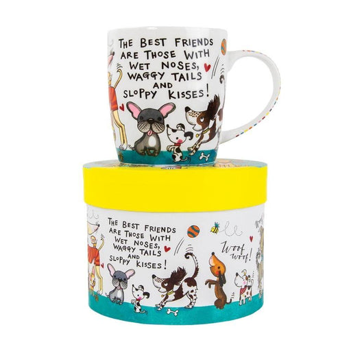 image of a predominatly white mug with cartoon dog illustrations at the bottom and the words 'the best friends are those with wet noses, waggy tails and sloppy kisses!' written at the top.the mug is sat on top of a hat style gift box.