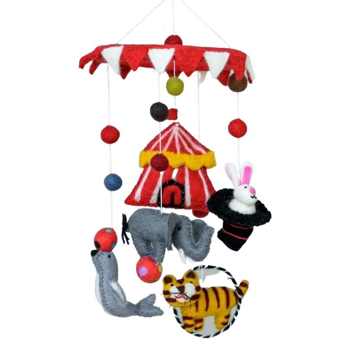 circus themed felt baby cot mobile with a seal, elephant, toiger, magicians rabit and hat and big top all made of felt and all suspended from a circus themed hanger on this baby mobile.