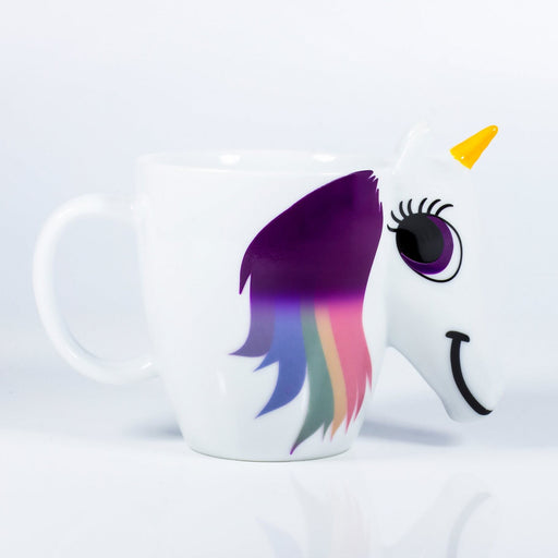 image of a A cute Unicorn shaped mug with a 3D face, rainbow hair and yellow horn