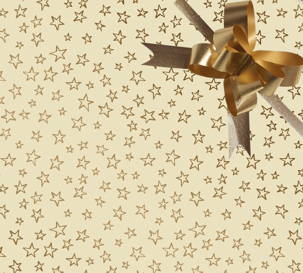 image of a square of wrapping paper, the paper is cream in colour with lots of gold stars, in the corner of the gift wrap paper is a light blue gift wrapping bow