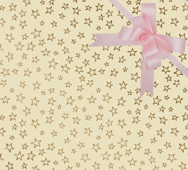 image of a square of wrapping paper, the paper is cream in colour with lots of gold stars, in the centre of the gift wrap paper is a silver paper gift wrapping bow