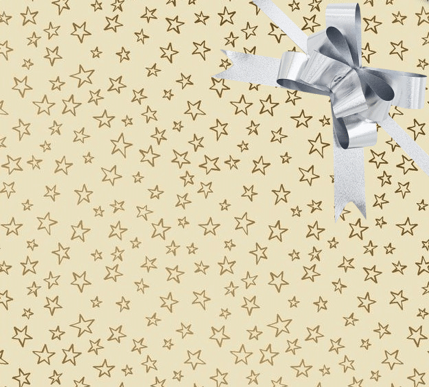 image of a square of wrapping paper, the paper is cream in colour with lots of gold stars