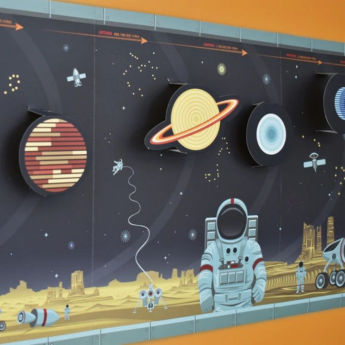 Take a trip into space and learn about planets, comets, satellites, and more with this create your own solar system wall chart, board game, and activity kit. Packed with fun facts and activities, a board game with dice and counters, and a 3D solar system wall art scene. No glue or scissors needed. Contents:1 wallchart/game board,15 x card pieces & 1 x instruction/activity sheet. Made from FSC certified recycled card. Product size when built: approx H134 W30 D2cm. Suitable for Children age 7-12.