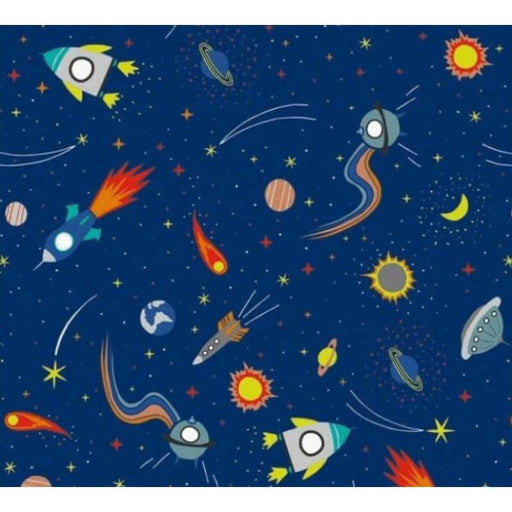 image of a square of wrapping paper, the paper is dark blue in colour and features lots of child friendly illustrated images of space objects such as planets, rockets and comets